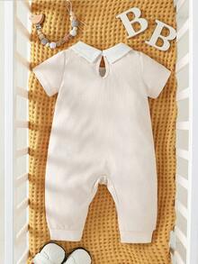 Baby Boy Plaid Print Contrast Collar Jumpsuit - Apricot - View 2