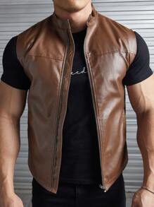 GENTILAND Men Zip Up PU Leather Vest Jacket Without Tee - Coffee Brown - View 1