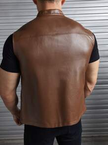 GENTILAND Men Zip Up PU Leather Vest Jacket Without Tee - Coffee Brown - View 2