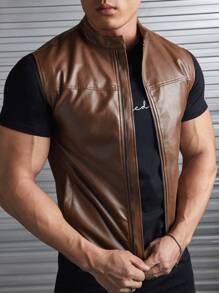 GENTILAND Men Zip Up PU Leather Vest Jacket Without Tee - Coffee Brown - View 6