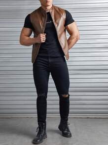 GENTILAND Men Zip Up PU Leather Vest Jacket Without Tee - Coffee Brown - View 4