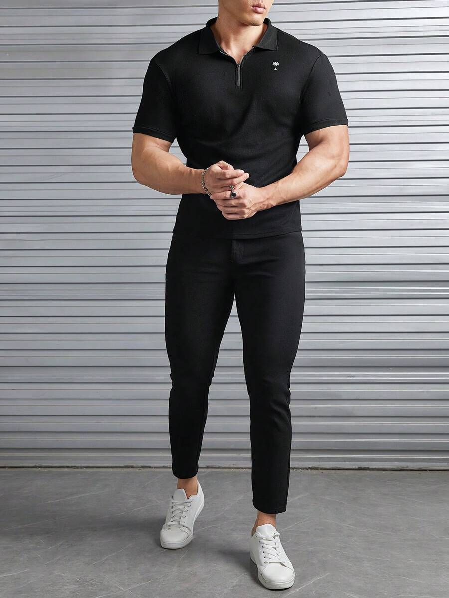 GENTILAND Men Coconut Tree Print Polo Shirt & Pants - Black - View 1