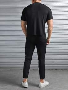 GENTILAND Men Coconut Tree Print Polo Shirt & Pants - Black - View 2