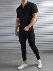 GENTILAND Men Coconut Tree Print Polo Shirt & Pants - Black - View 3