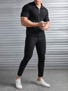 GENTILAND Men Coconut Tree Print Polo Shirt & Pants - Black - View 5