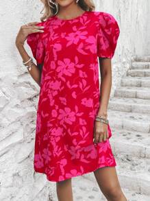 SHEIN VCAY Vestido con estampado floral de manga farol - Multicolor - Ver 3