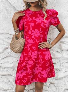 SHEIN VCAY Vestido con estampado floral de manga farol - Multicolor - Ver 4