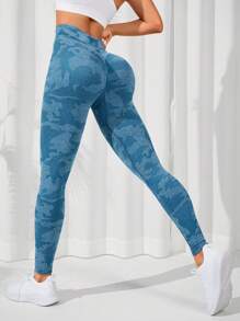 Yoga Trendy Camo Print Wideband Waist Sports Leggings - Blue - View 1