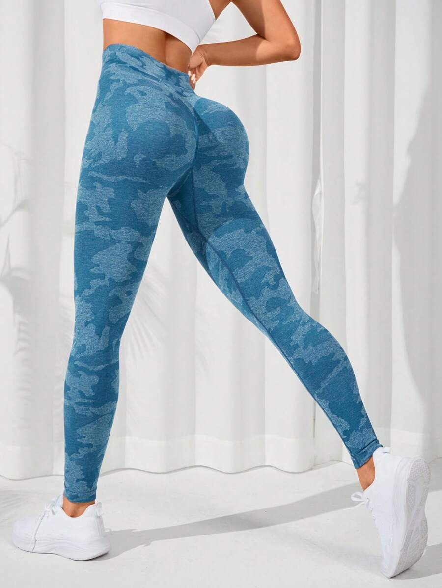 Yoga Trendy Camo Print Wideband Waist Sports Leggings - Blue - View 1