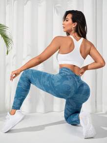 Yoga Trendy Camo Print Wideband Waist Sports Leggings - Blue - View 2