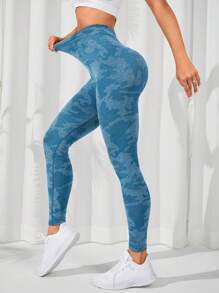 Yoga Trendy Camo Print Wideband Waist Sports Leggings - Blue - View 5