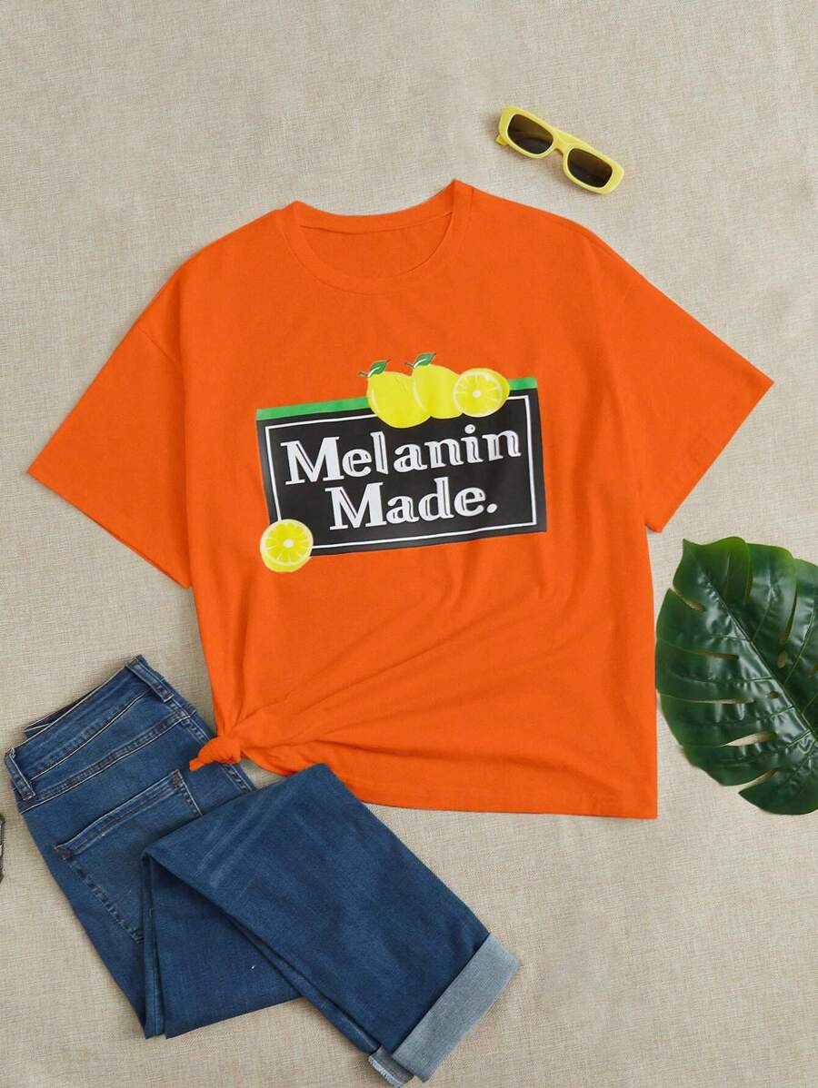 SHEIN EZwear Áo thun Plus size Lá thư Rau quả Giải trí - trái cam - Xem 1