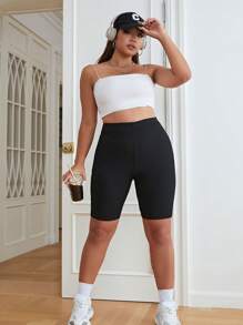 SHEIN EZwear Plus Solid Biker Shorts - Black - View 3