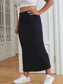 SHEIN EZwear Plus Solid Split Thigh Skirt - Black - View 5