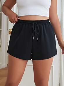 SHEIN EZwear Plus Drawstring Waist Solid Track Shorts - Black - View 4