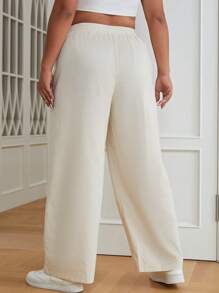 SHEIN EZwear Plus Solid Elastic Waist Wide Leg Trousers - Apricot - View 2