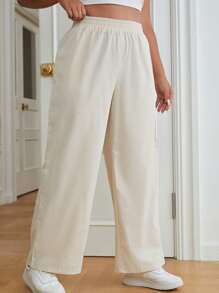 SHEIN EZwear Plus Solid Elastic Waist Wide Leg Trousers - Apricot - View 3