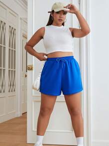 SHEIN EZwear Plus Drawstring Waist Slant Pocket Shorts - Royal Blue - View 3