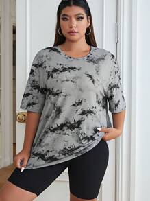 SHEIN EZwear Plus 扎染落肩 T 恤，夏季 - 彩色 - 查看 11