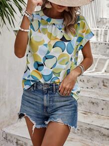 SHEIN VCAY Allover Print Batwing Sleeve Blouse - Multicolor - View 5