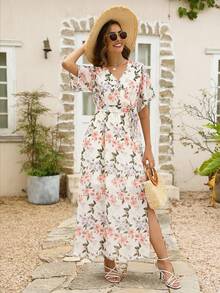 Đầm Thắt lưng Trọn gói Tách cao Hoa Tất cả trên in Boho - trắng - Xem 4