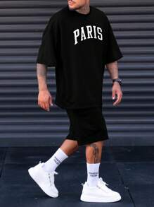 Manfinity Homme Men Plus Letter Graphic Tee & Shorts - Black - View 3