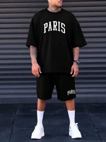 Manfinity Homme Men Plus Letter Graphic Tee & Shorts - Black - View 4