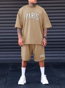 Manfinity Homme Men Plus Letter Graphic Tee & Shorts - Apricot - View 4