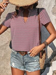 SHEIN Frenchy Allover Print Notched Neckline Puff Sleeve Blouse Summer - Multicolor - View 6