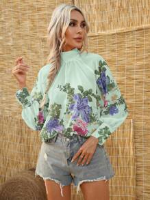 SHEIN VCAY 印花插肩袖小高領襯衫 - 綠色 - 查看 1