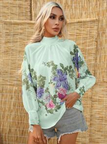 SHEIN VCAY 印花插肩袖小高領襯衫 - 綠色 - 查看 3