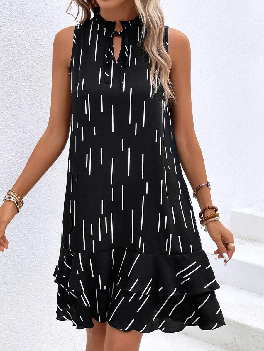 SHEIN LUNE 條紋印花荷葉邊洋裝 - 黑色 - 查看 1