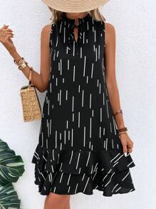 SHEIN LUNE 條紋印花荷葉邊洋裝 - 黑色 - 查看 2