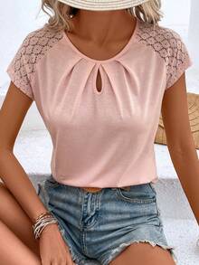 SHEIN LUNE 蕾絲拼接插肩袖鎖眼領口T恤 - 珊瑚粉 - 查看 6
