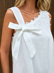 SHEIN Clasi Guipure Lace Trim Knot Side Asymmetrical Neck Tunic Dress