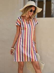 SHEIN LUNE 條紋圖案缺口領蝙蝠袖直筒連衣裙 - 彩色 - 查看 3