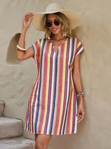 SHEIN LUNE 條紋圖案缺口領蝙蝠袖直筒連衣裙 - 彩色 - 查看 5