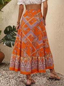 SHEIN Holidaya Falda larga estampada de paisley con abertura lateral, conjunto de ropa de vacaciones y playa para mujeres - Multicolor - Ver 2