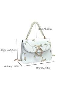 Mini Flower Embroidered Square Bag Faux Pearl Decor - White - View 3