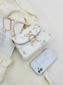 Mini Flower Embroidered Square Bag Faux Pearl Decor - White - View 5