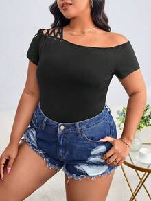 SHEIN Unity Áo thun Plus size Bất đối xứng Cắt ra màu trơn Giải trí - màu đen - Xem 4