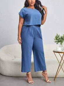 SHEIN LUNE 大碼蝙蝠袖上衣和腰帶闊腿褲 - 霧霾藍 - 查看 2