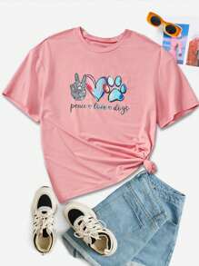 SHEIN LUNE 大碼愛心和字母圖案T恤 - 粉色 - 查看 1