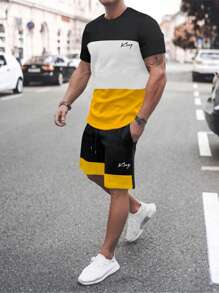 Manfinity Homme Men Letter Graphic Colorblock Casual Short Sleeve Tee & Drawstring Waist Shorts, Boyfriend Gift