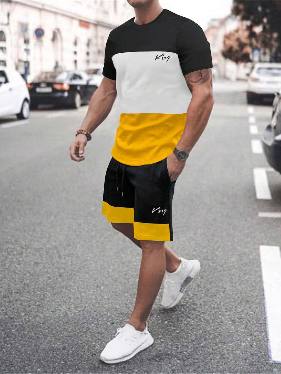 Manfinity Homme Men Letter Graphic Colorblock Casual Short Sleeve Tee & Drawstring Waist Shorts, Boyfriend Gift