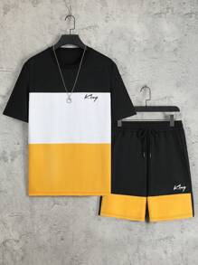 Manfinity Homme Men Letter Graphic Colorblock Casual Short Sleeve Tee & Drawstring Waist Shorts, Boyfriend Gift