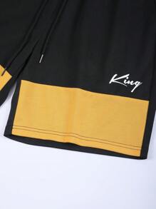 Manfinity Homme Men Letter Graphic Colorblock Casual Short Sleeve Tee & Drawstring Waist Shorts, Boyfriend Gift