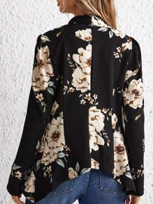 SHEIN Clasi Shawl Collar Ruffle Trim Asymmetrical Hem Floral Blazer - Black - View 2