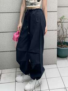 素色腰部抽繩降落傘褲 - 藏蓝色 - 查看 3