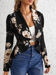 SHEIN Clasi Shawl Collar Ruffle Trim Asymmetrical Hem Floral Blazer - Black - View 3